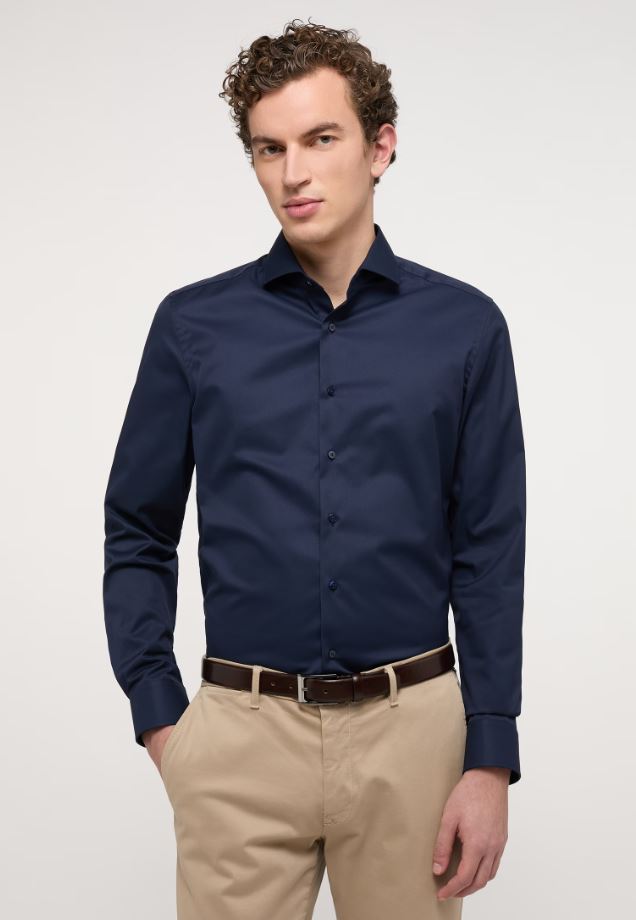 Eterna Camicia blu scuro eterna slim fit collo francese cotone cover Moda