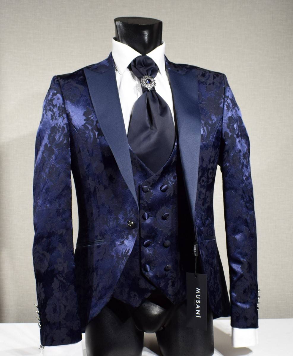 Musani Milano Cerimonia Abito blu damascato musani cerimonia sposo slim fit Novità