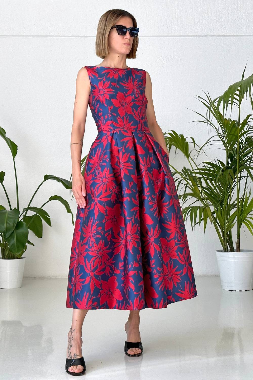 Lunatica Milano Abito Floral Red Blu V Neck Back Acquista Ora