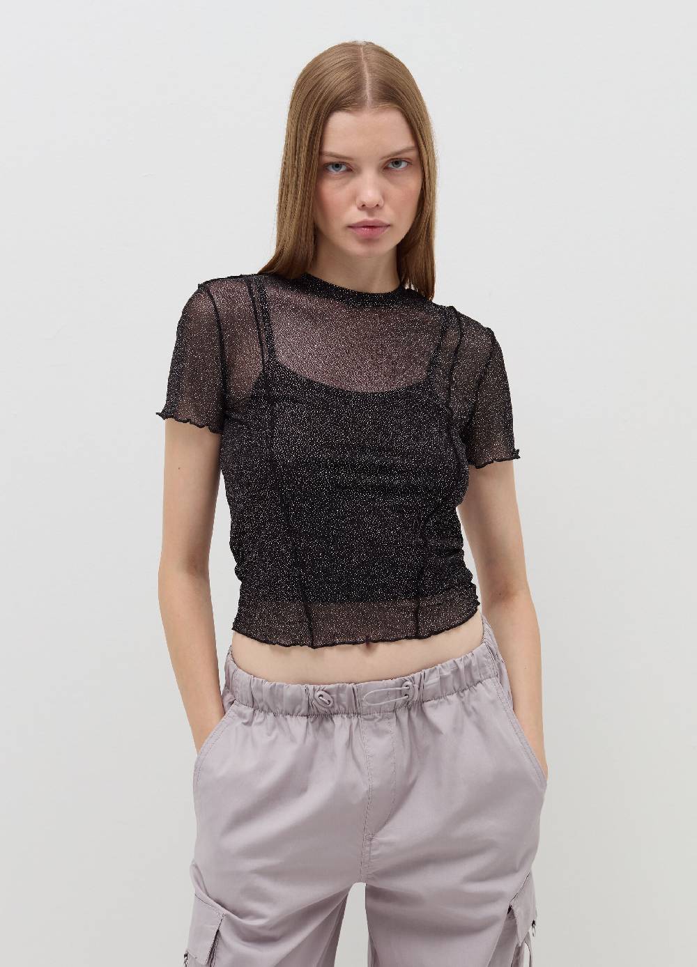 B. ANGEL T-shirt crop in mesh con profili ondulati Online