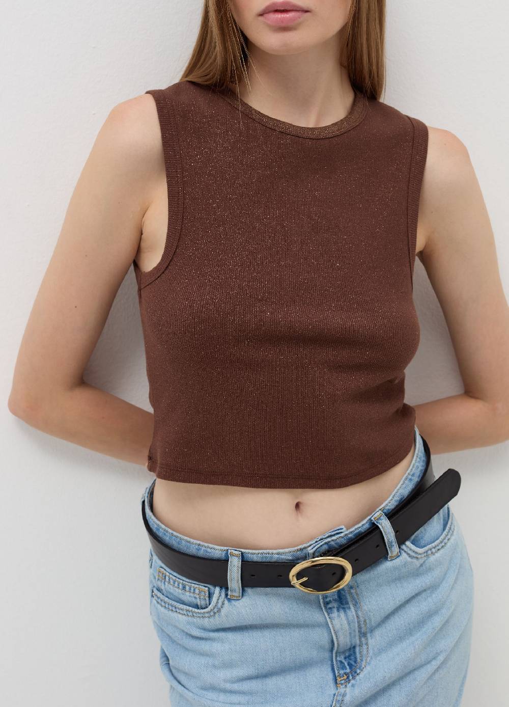 B. ANGEL Tank top crop a costine con lurex Nuovo