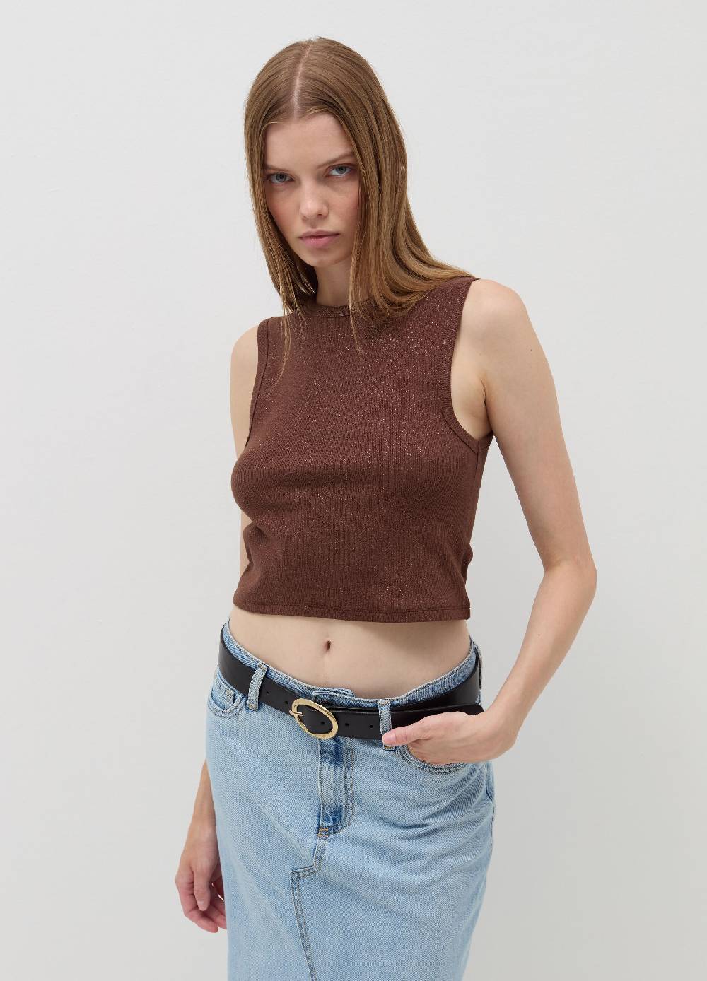 B. ANGEL Tank top crop a costine con lurex Nuovo