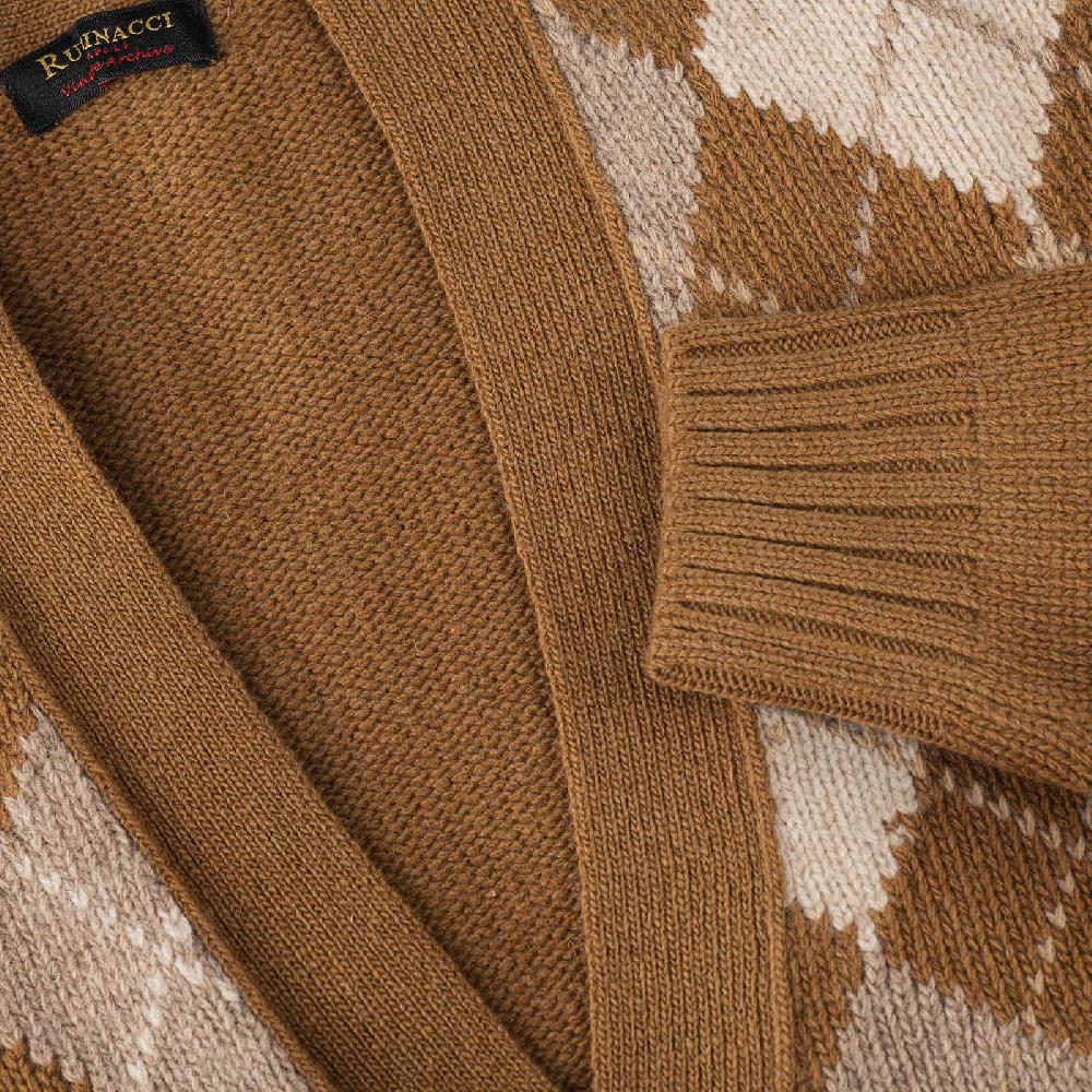 Rubinacci Vintage archive cardigan a rombi in lana tabacco Consegna Veloce