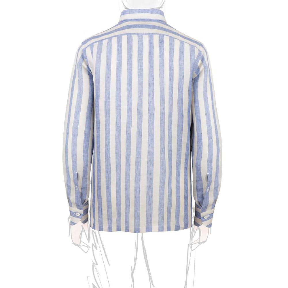 Rubinacci Polo in lino rigato azzurro Italy