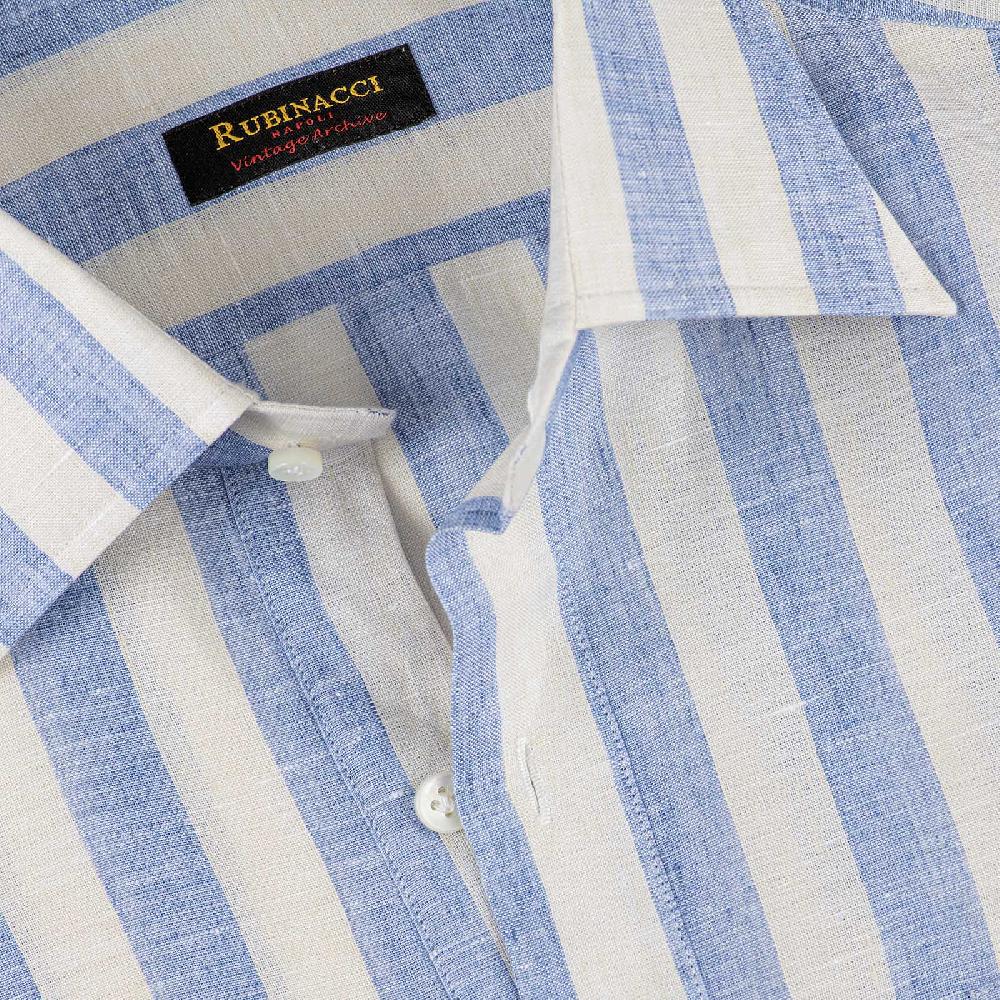 Rubinacci Polo in lino rigato azzurro Italy
