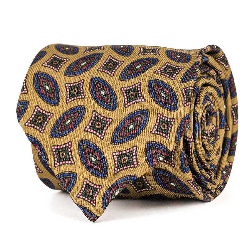 Rubinacci Cravatta in twill di seta senape con stampa geometrica Black Friday