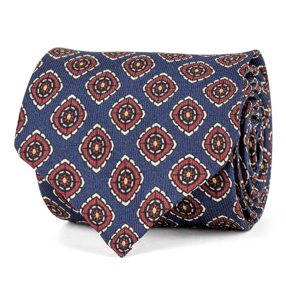 Rubinacci Cravatta in twill di seta navy blu con stampa geometrica Offerte speciali