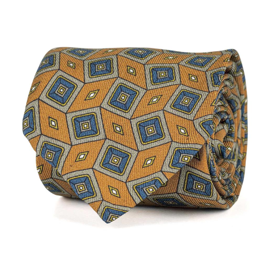 Rubinacci Cravatta in twill di seta arancio con stampa geometrica Sconti VIP