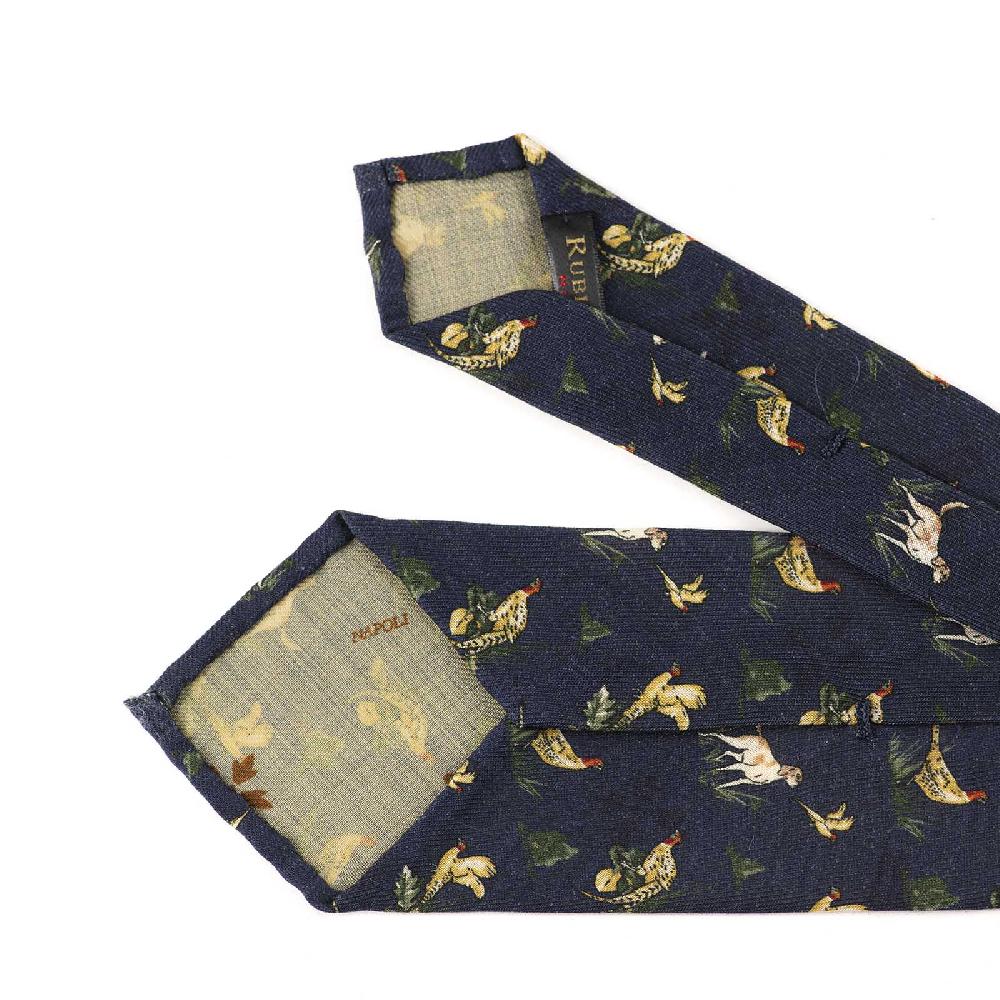 Rubinacci Cravatta in twill di lana blu con stampa cane Grande vendita