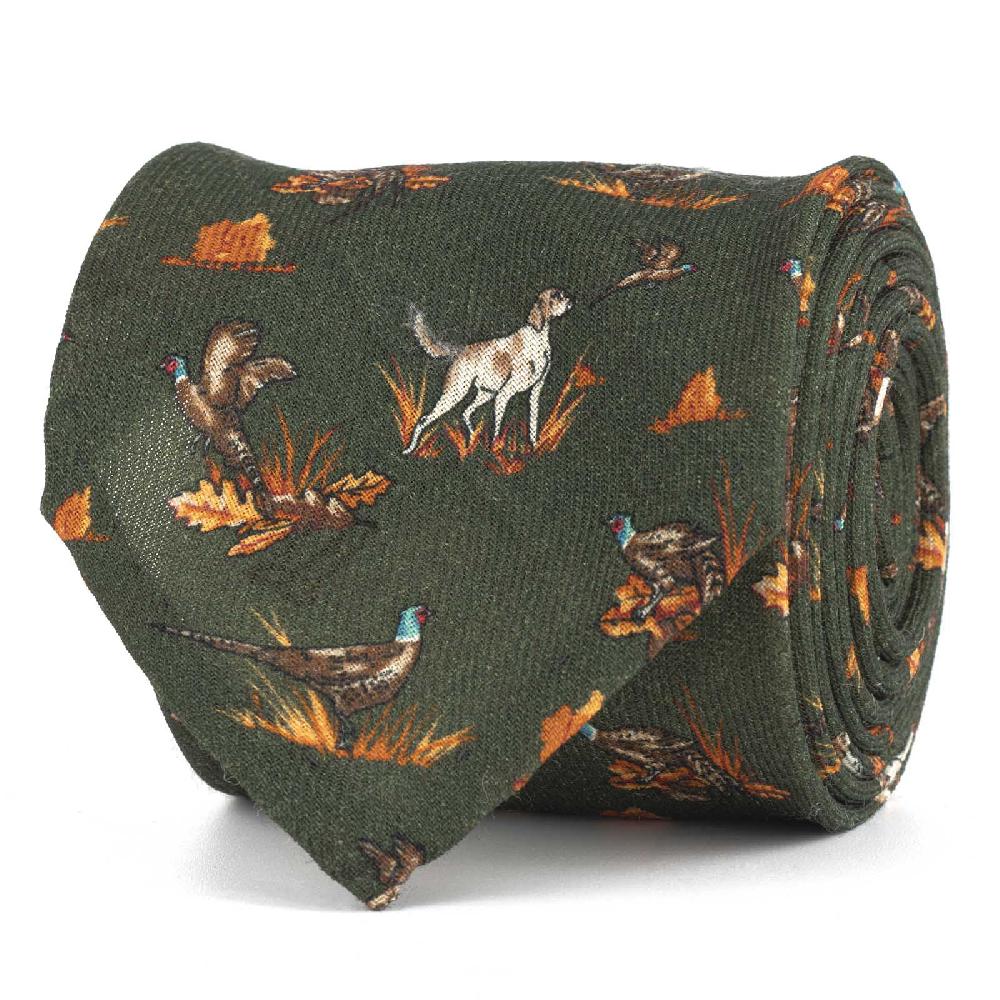Rubinacci Cravatta in twill di lana verde con stampa cane Fornitura limitata