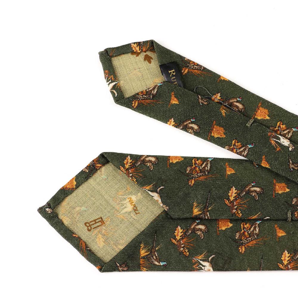 Rubinacci Cravatta in twill di lana verde con stampa cane Fornitura limitata