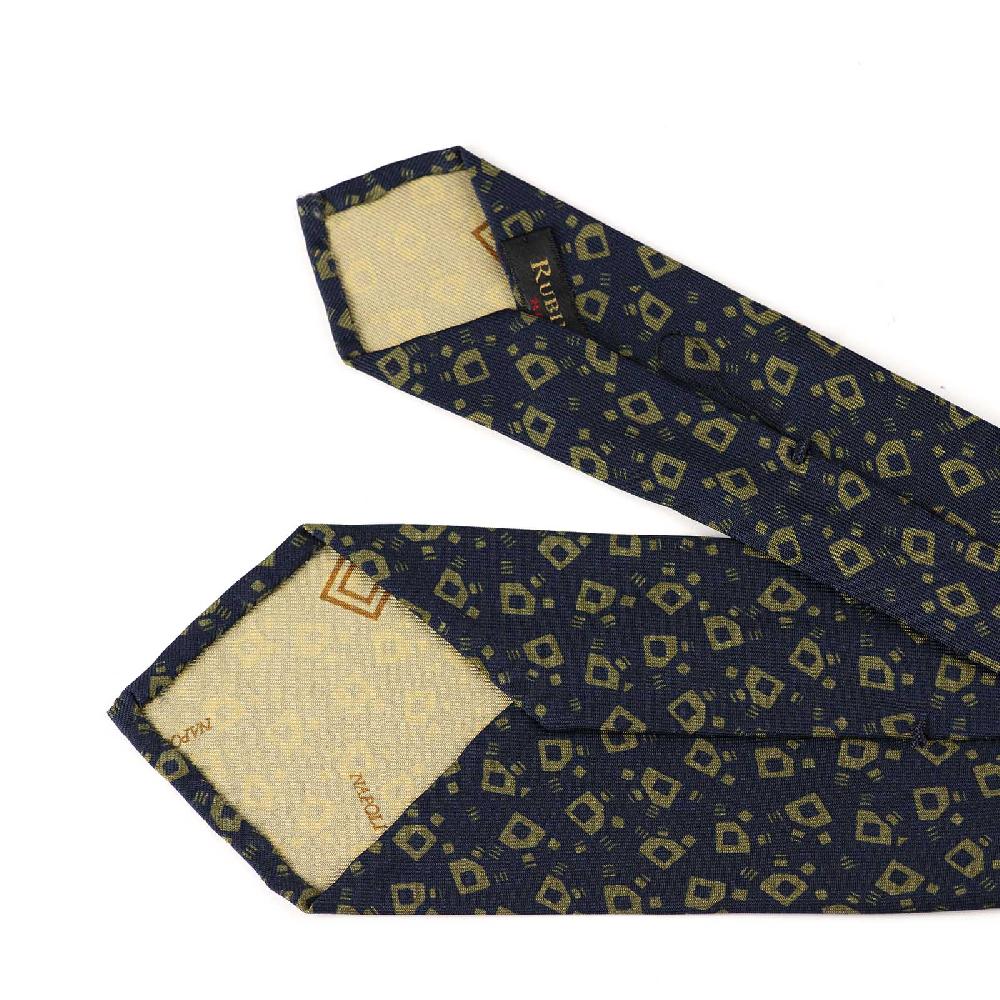 Rubinacci Cravatta in twill di seta navy blu con stampa geometrica Offerta Anniversario