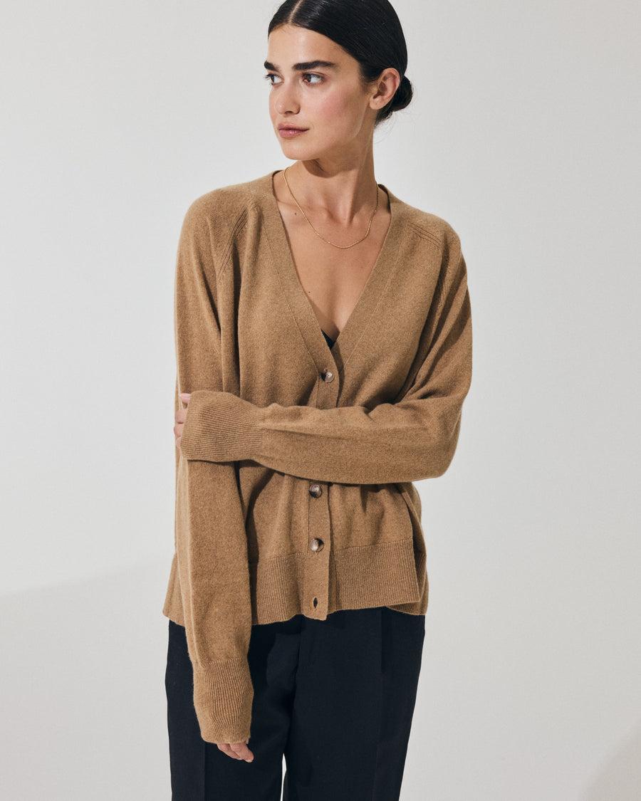 Scaglione CARDIGAN RAGLAN RIBBED SIDES CARAMEL Shopping Online