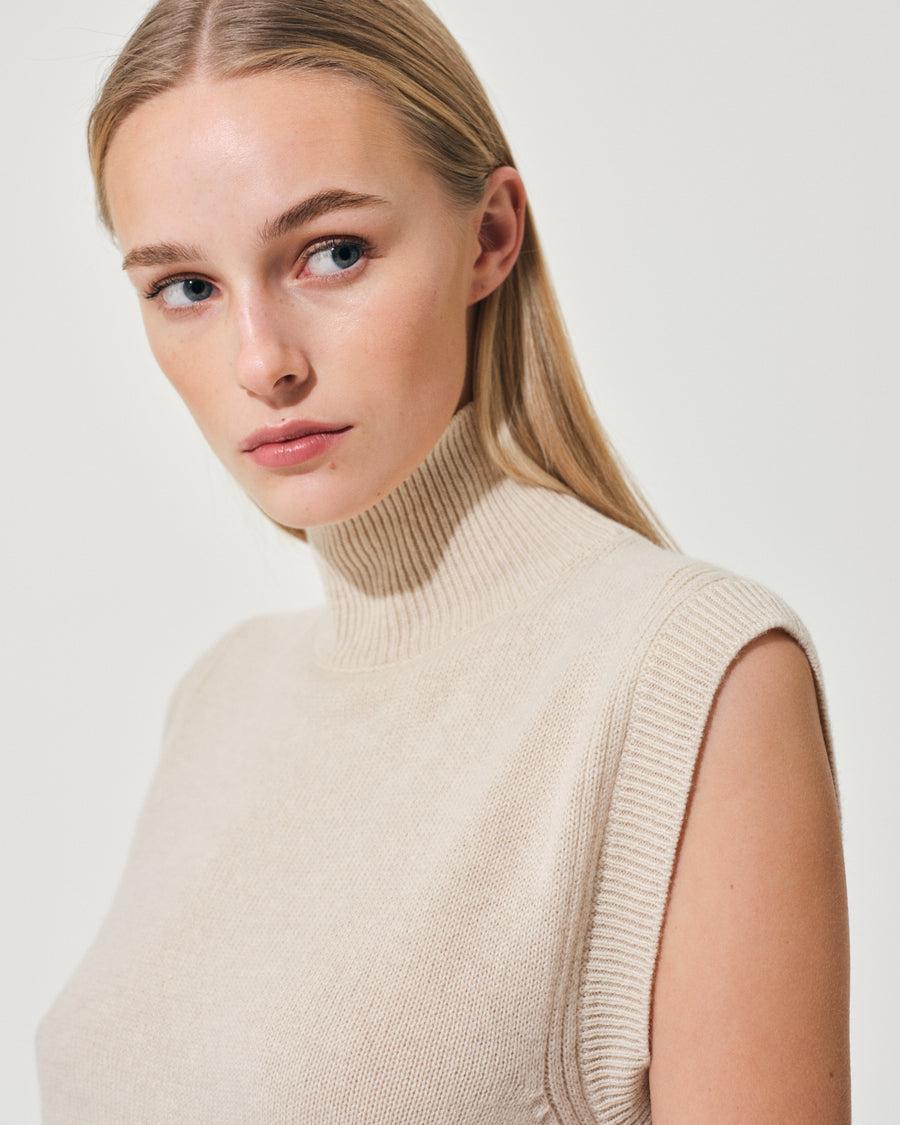 Scaglione GILET TURTLE NECK RIBBED SIDES BEIGE In Saldo