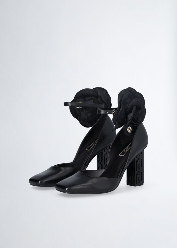 Liu Jo Décolleté nere in pelle con fiore Vendita calda