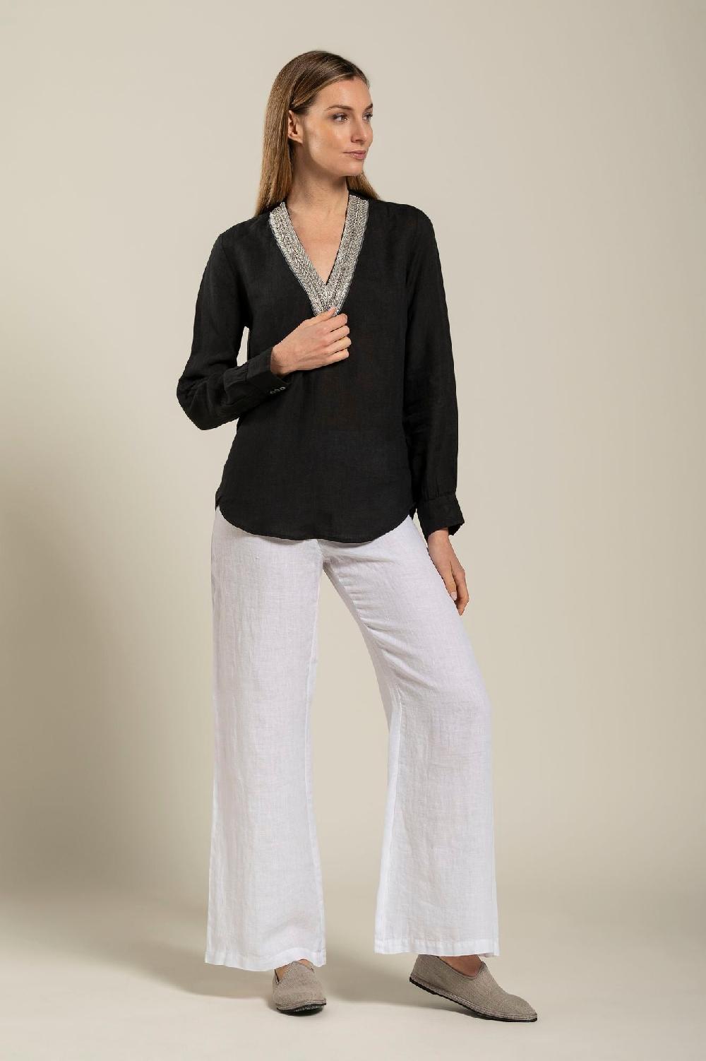 120% Lino Long Sleeve Blouse With V-Neck and Sequin Detail Shopping Online