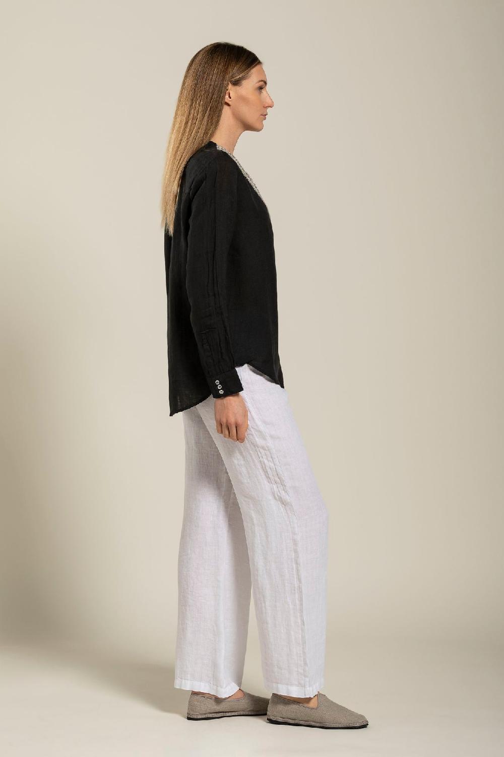120% Lino Long Sleeve Blouse With V-Neck and Sequin Detail Shopping Online