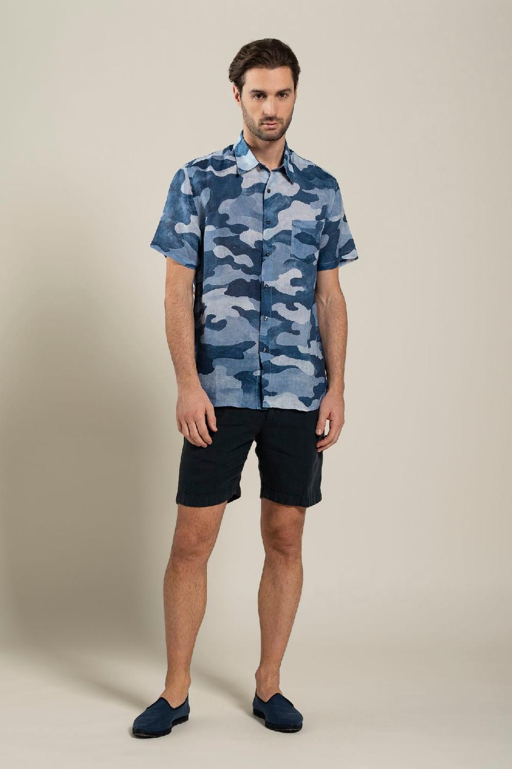 120% Lino Regular Fit Camo Print Shirt Online