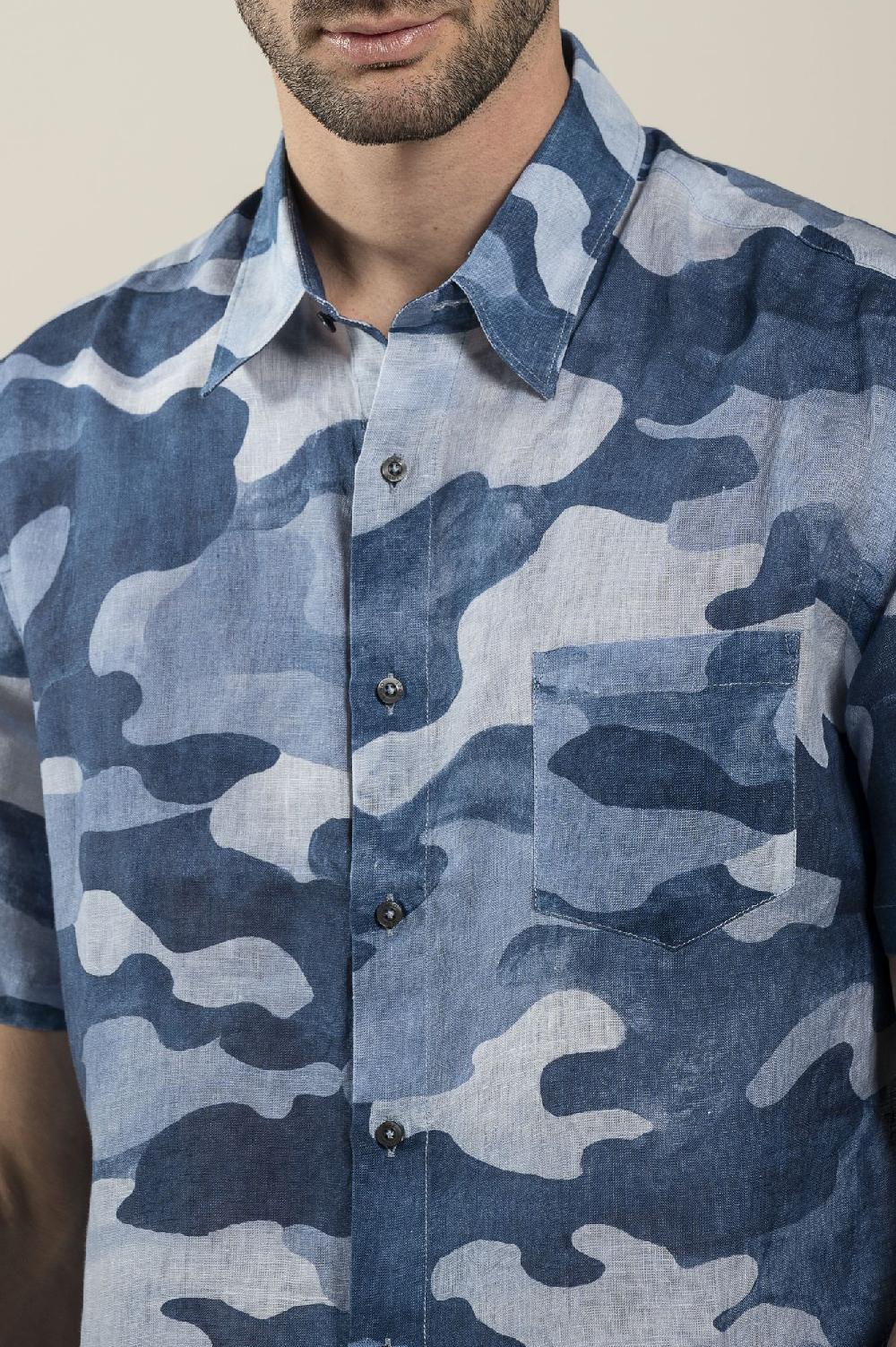 120% Lino Regular Fit Camo Print Shirt Online