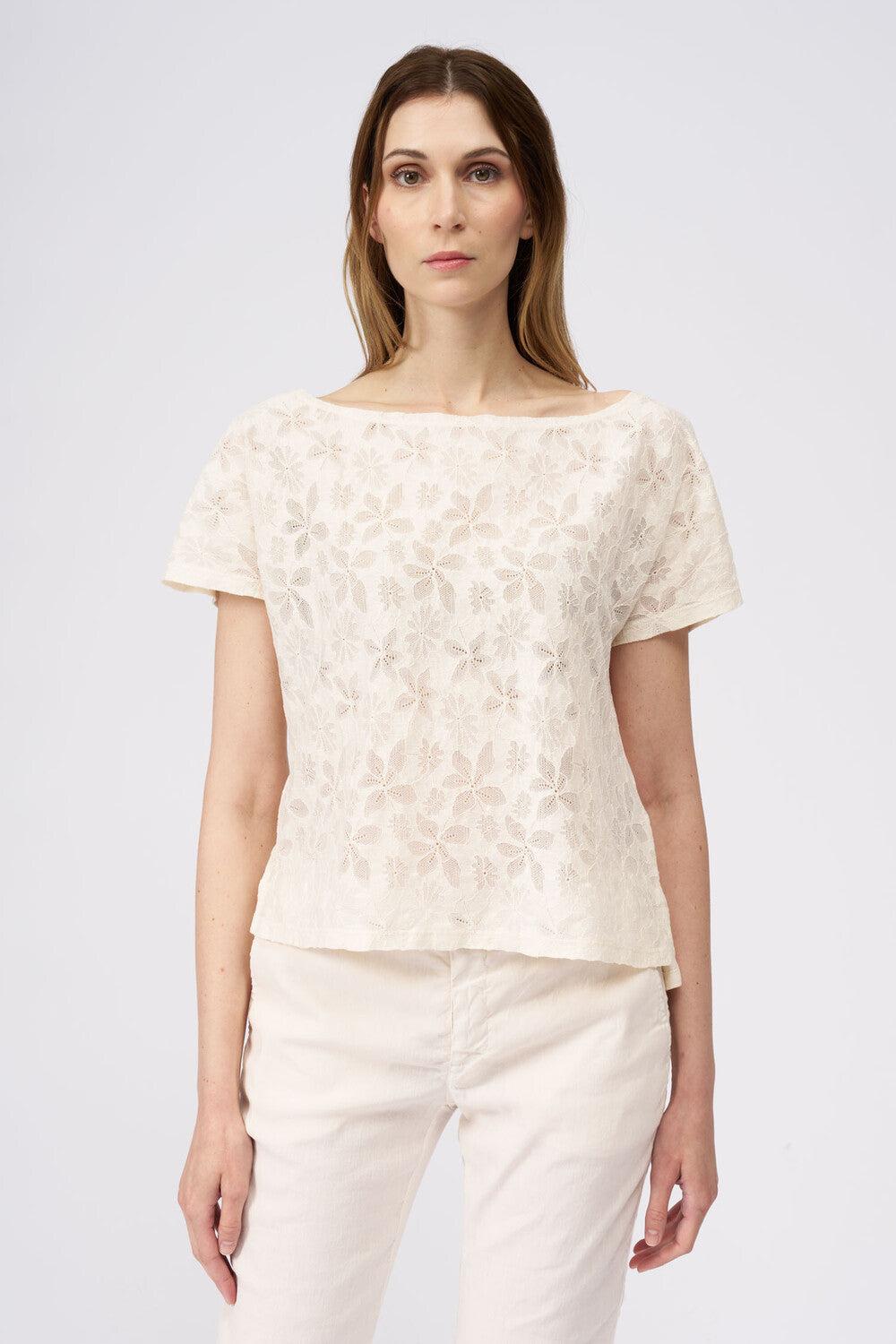 120% Lino Short Sleeve Lace Blouse Outlet