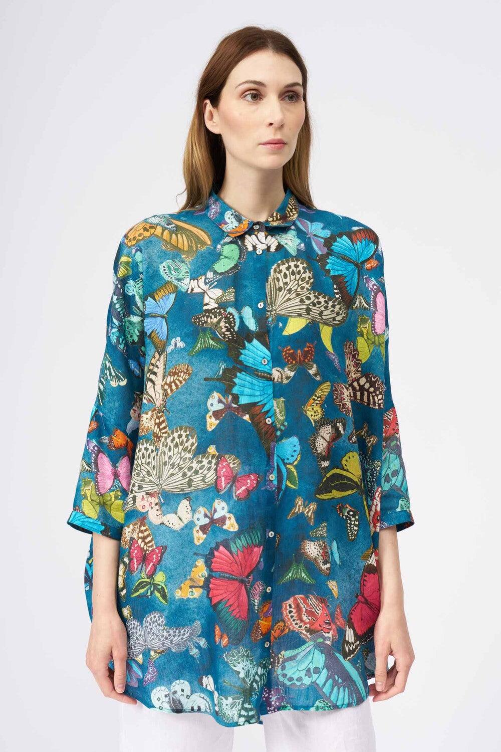 120% Lino Oversized Butterfly Print Shirt Saldi