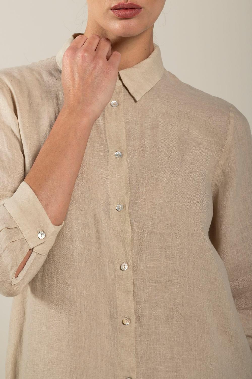 120% Lino Long Sleeve Shirt Dress with Side Slits Moda
