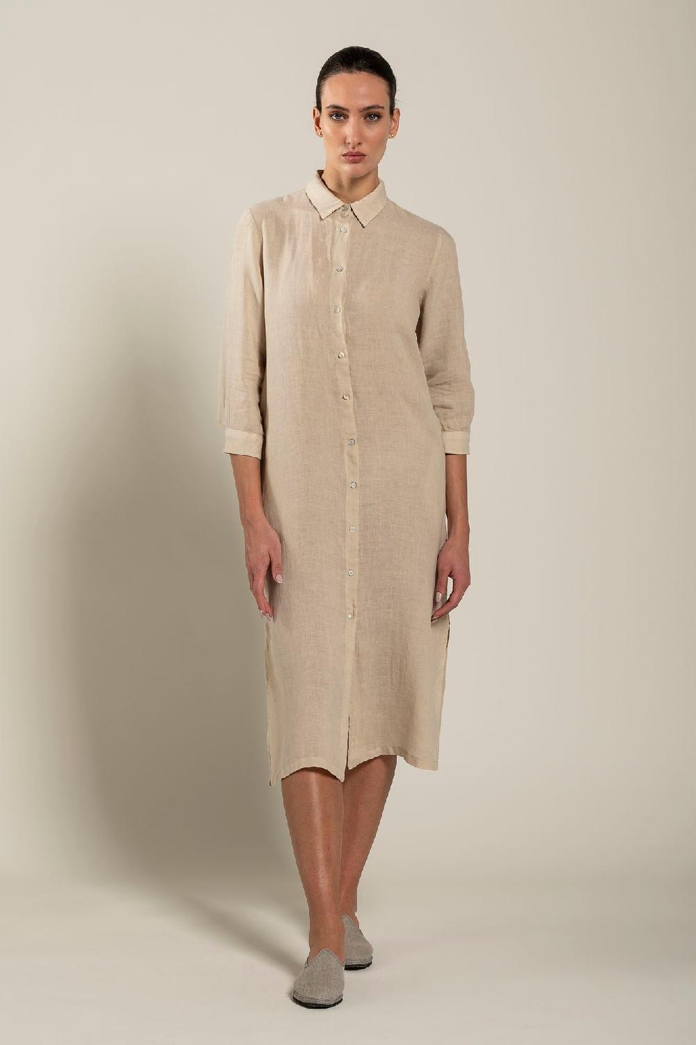 120% Lino Long Sleeve Shirt Dress with Side Slits Moda