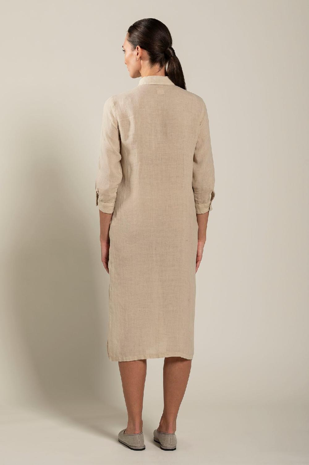 120% Lino Long Sleeve Shirt Dress with Side Slits Moda