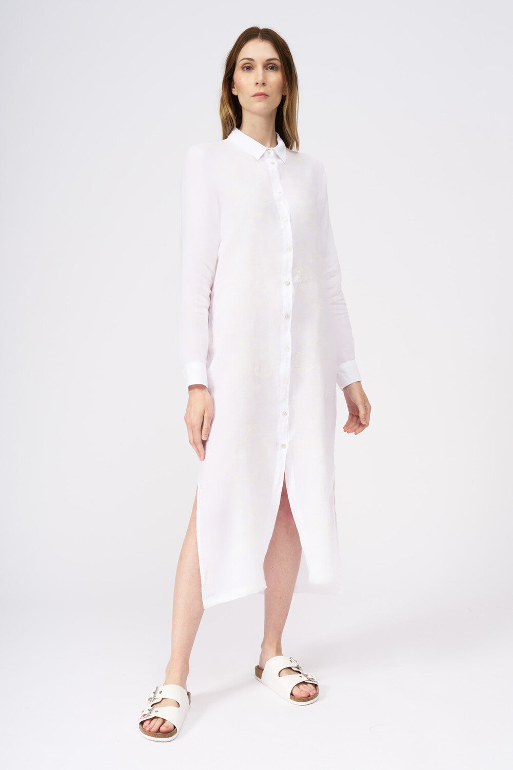 120% Lino Long Sleeve Shirt Dress With Front Buttons and Side Slits 2025