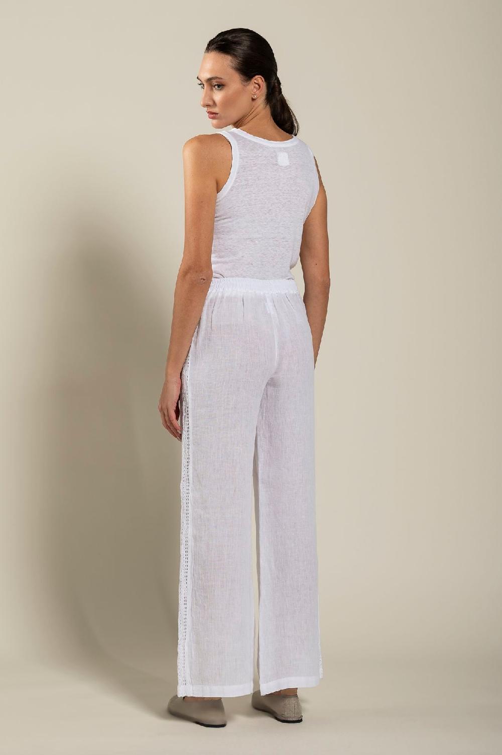 120% Lino Wide-Leg Long Pant With Embroidered Detail Italia