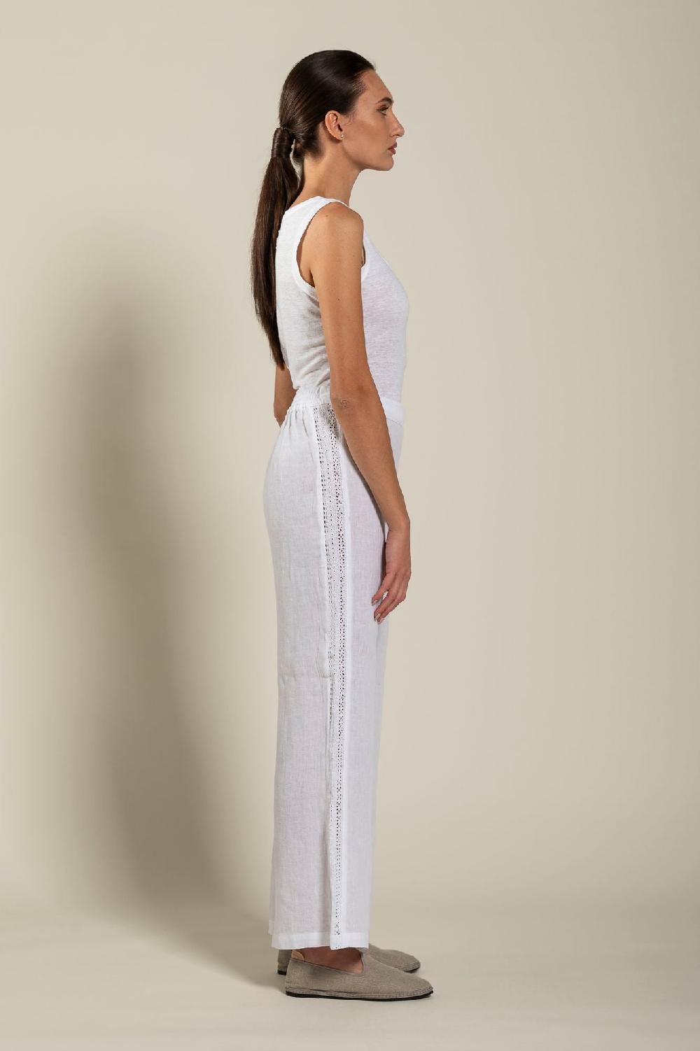 120% Lino Wide-Leg Long Pant With Embroidered Detail Italia