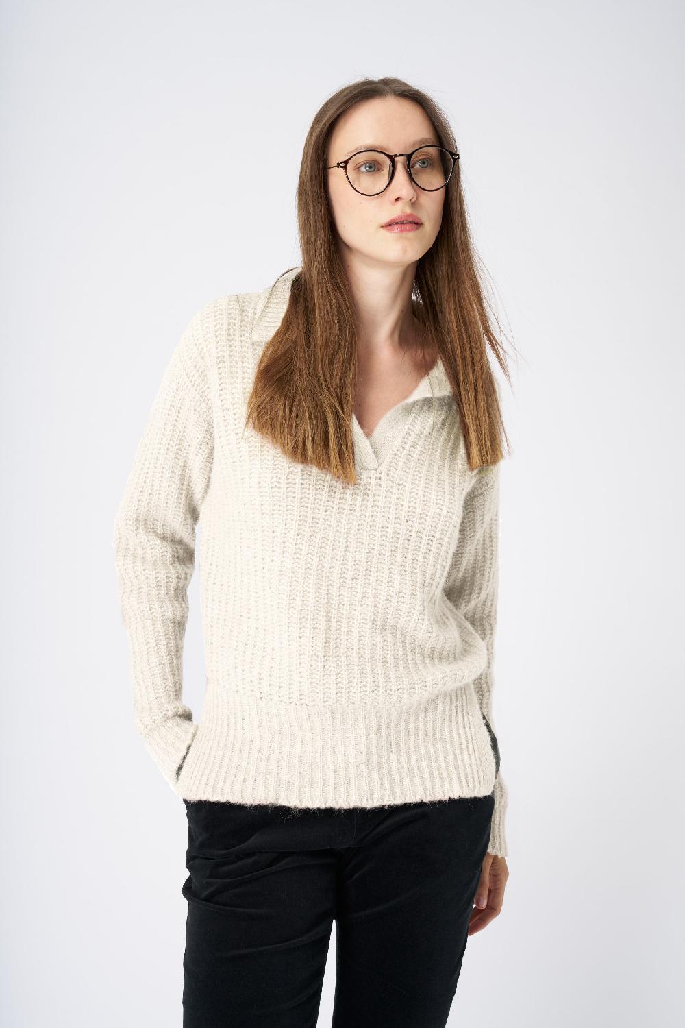 120% Lino V-Neck Collared Cashmere Blend Sweater Vendita