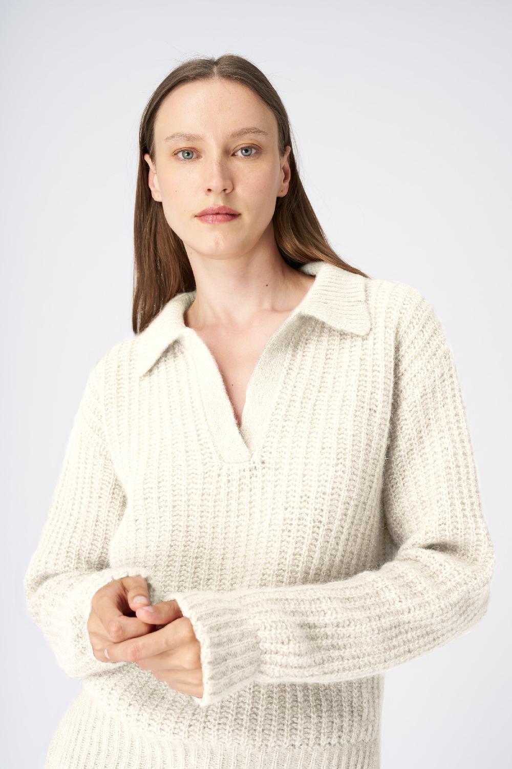 120% Lino V-Neck Collared Cashmere Blend Sweater Vendita