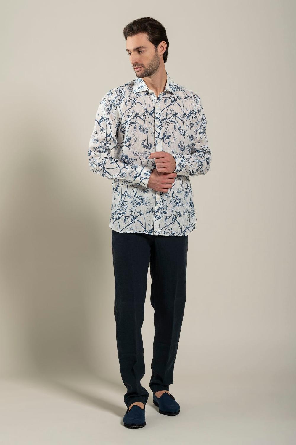 120% Lino Long Sleeve Man Slim Floral Patterned Fit Shirt Negozi Online