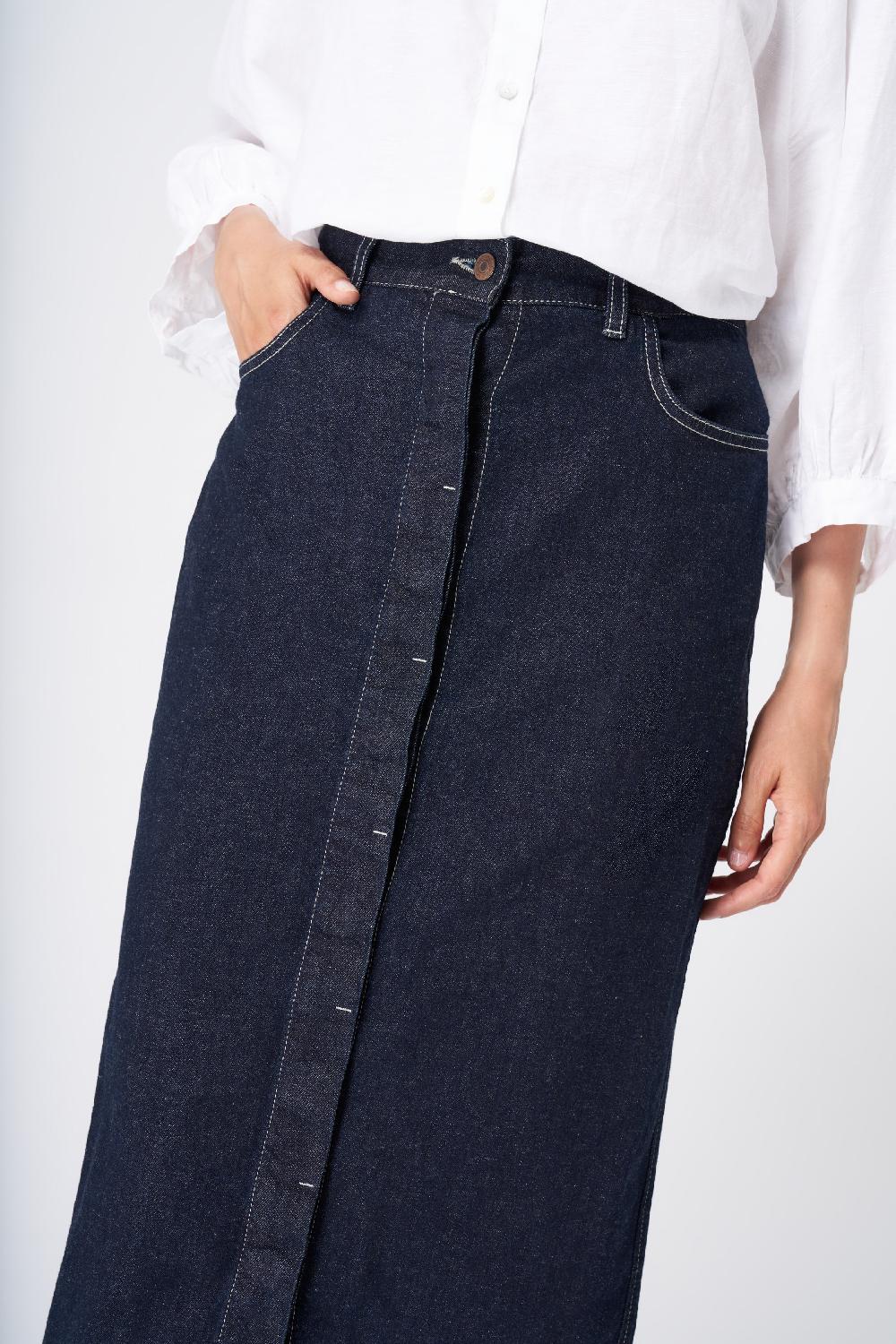 120% Lino Classic High-Waisted Denim Midi Skirt Sconto