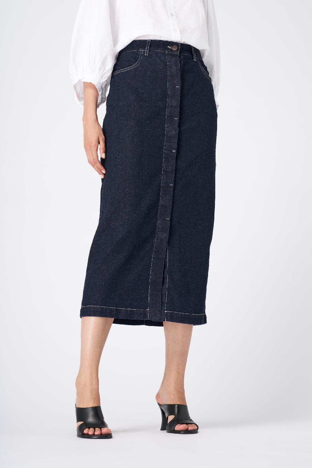 120% Lino Classic High-Waisted Denim Midi Skirt Sconto