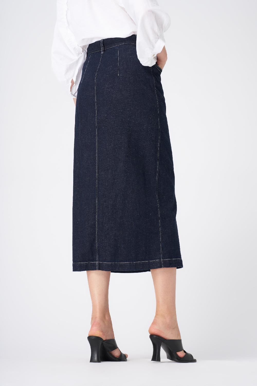120% Lino Classic High-Waisted Denim Midi Skirt Sconto