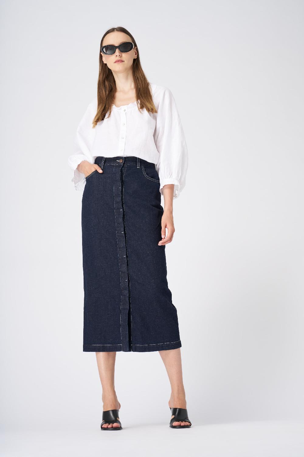 120% Lino Classic High-Waisted Denim Midi Skirt Sconto