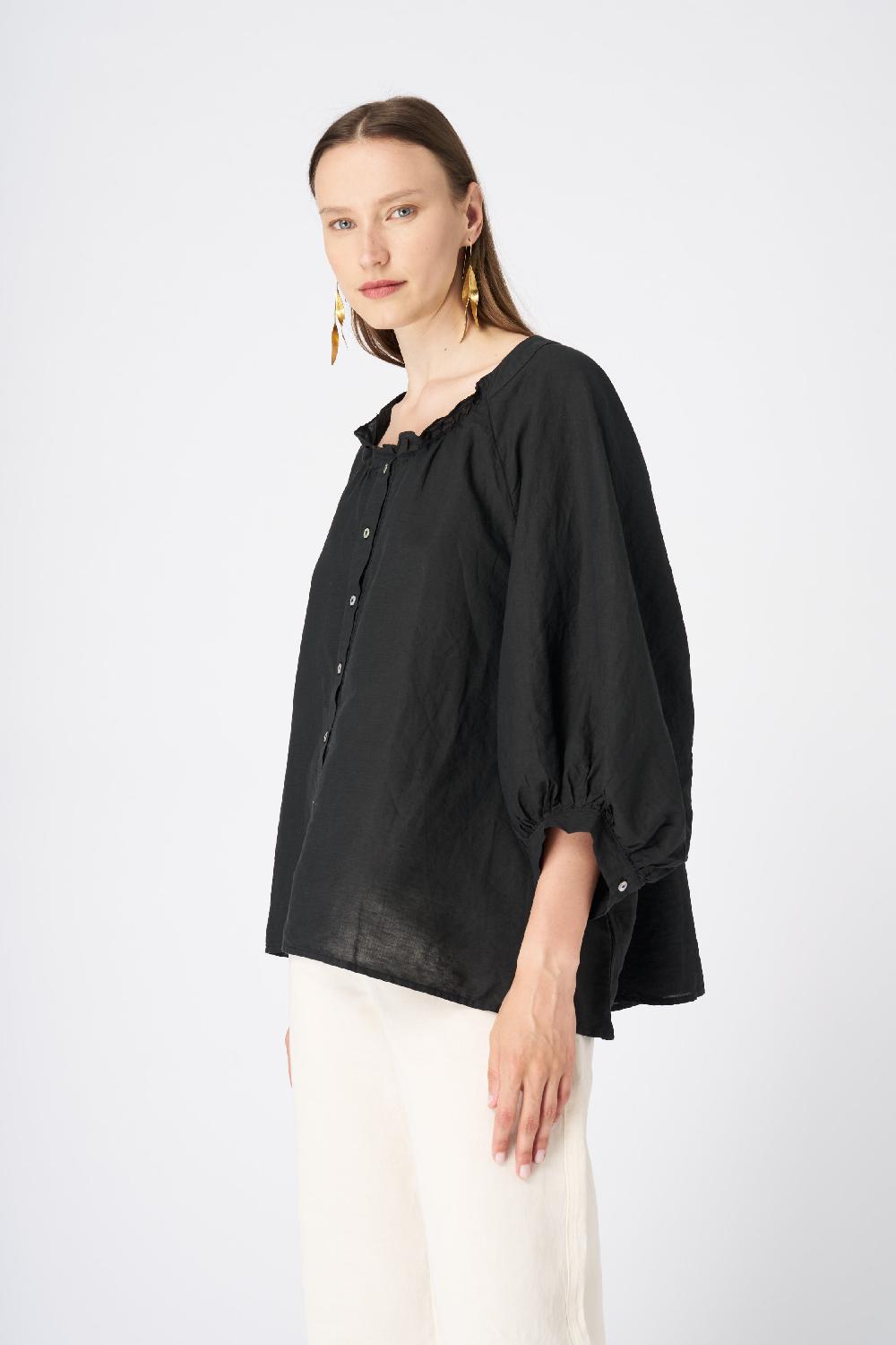 120% Lino Ruffled Neckline Linen Peasant Blouse Online