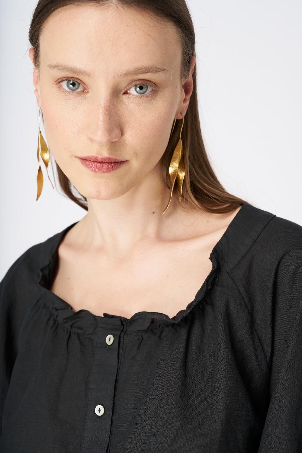120% Lino Ruffled Neckline Linen Peasant Blouse Online