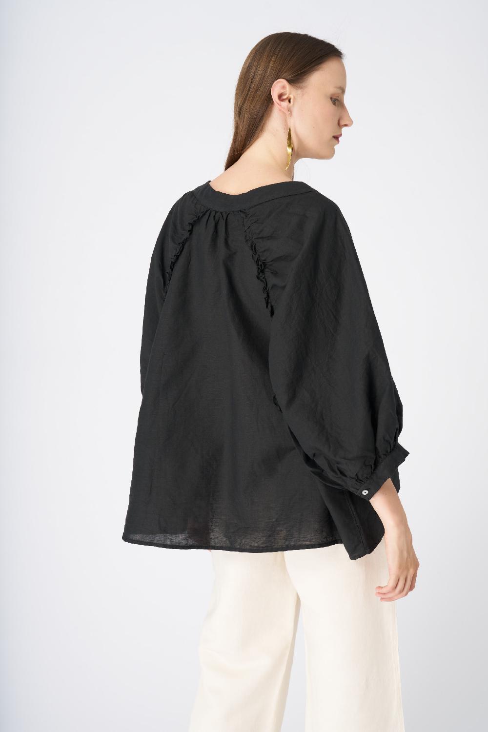 120% Lino Ruffled Neckline Linen Peasant Blouse Online