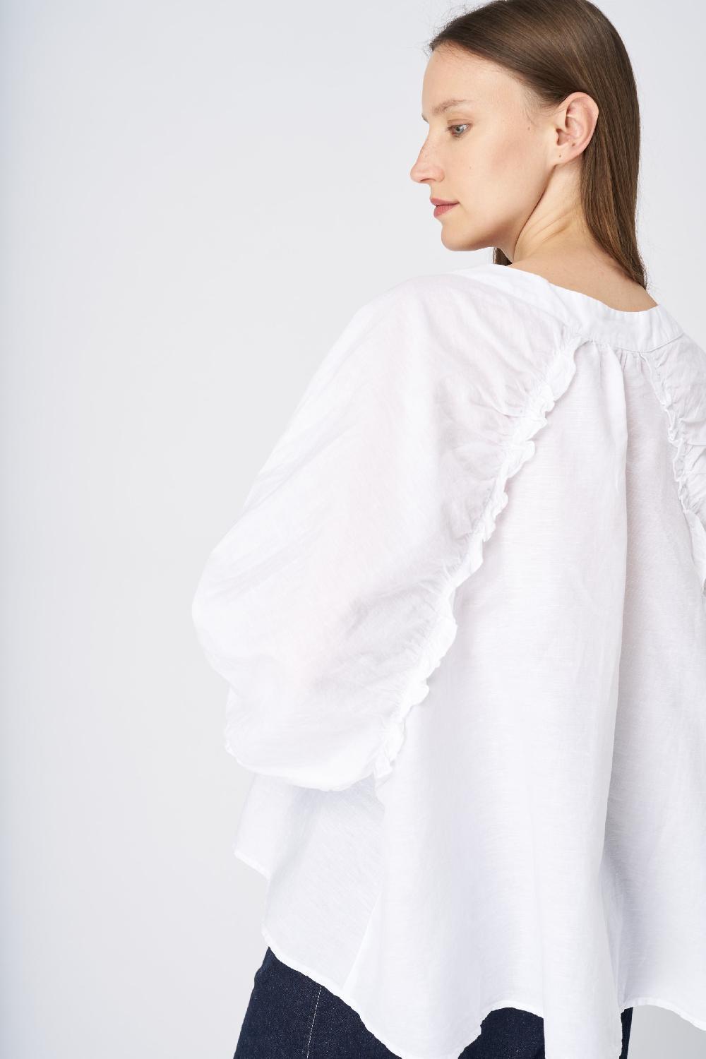120% Lino Ruffled Neckline Linen Peasant Blouse Online