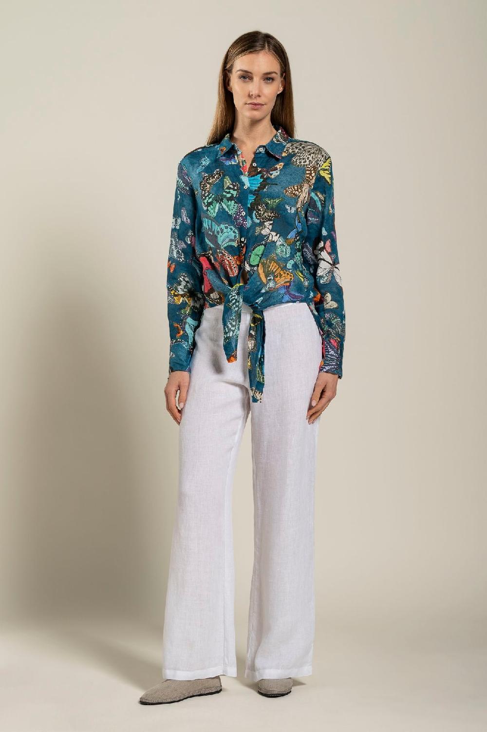 120% Lino Tie-Front Butterfly Print Shirt 2025