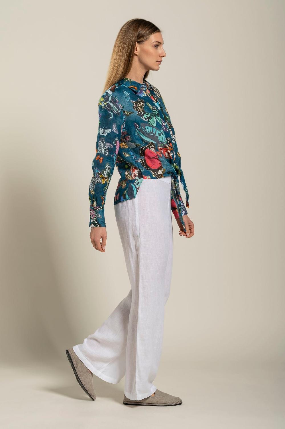 120% Lino Tie-Front Butterfly Print Shirt 2025