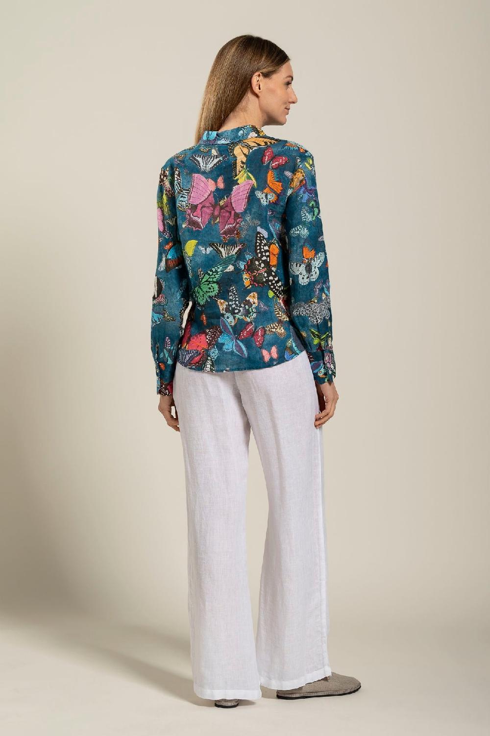 120% Lino Tie-Front Butterfly Print Shirt 2025