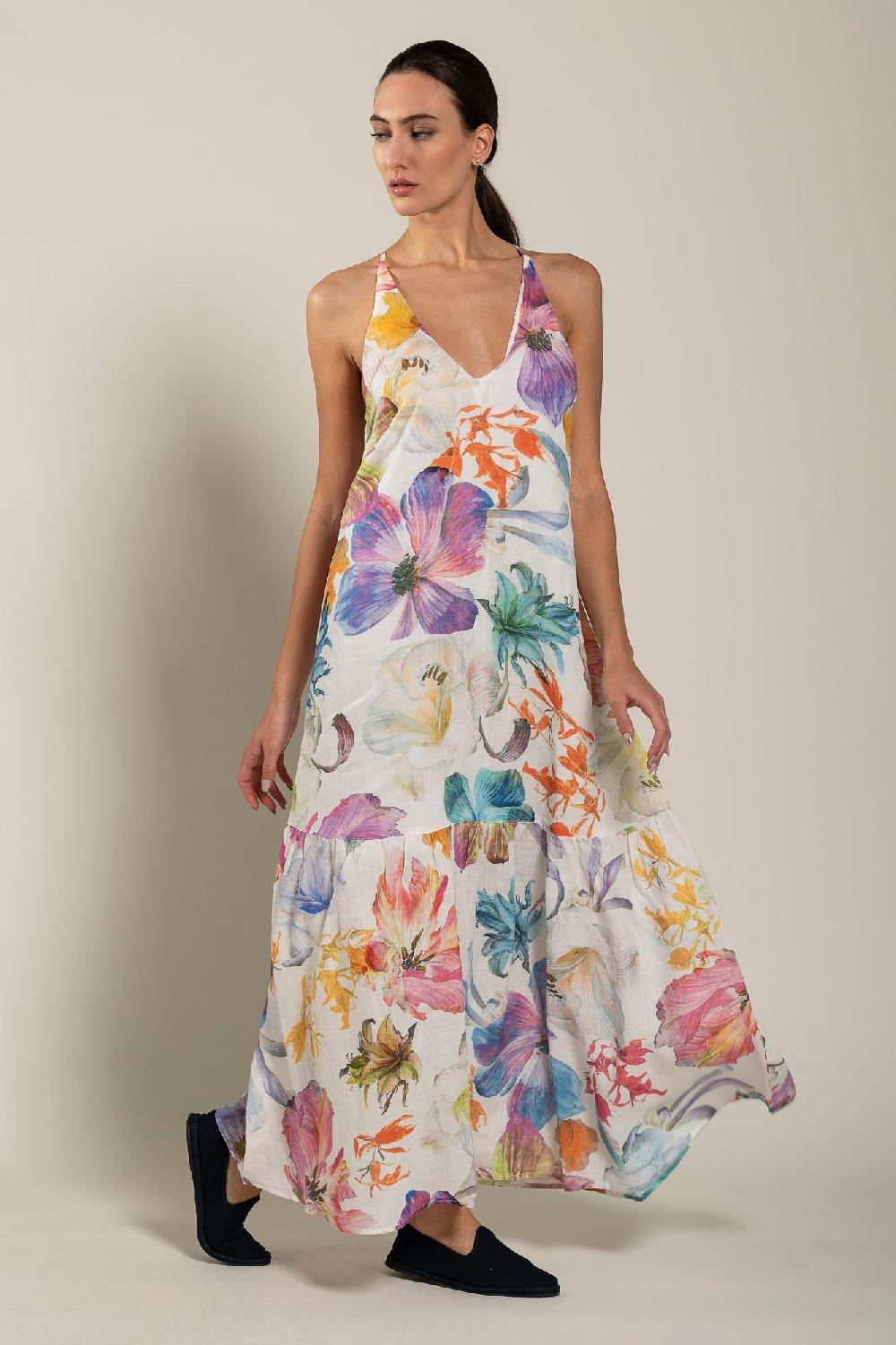 120% Lino Floral Print Maxi Dress In Linea