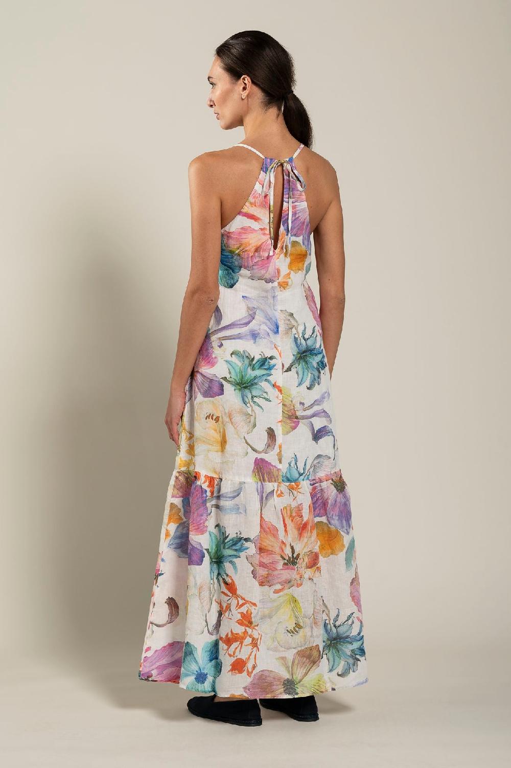 120% Lino Floral Print Maxi Dress In Linea