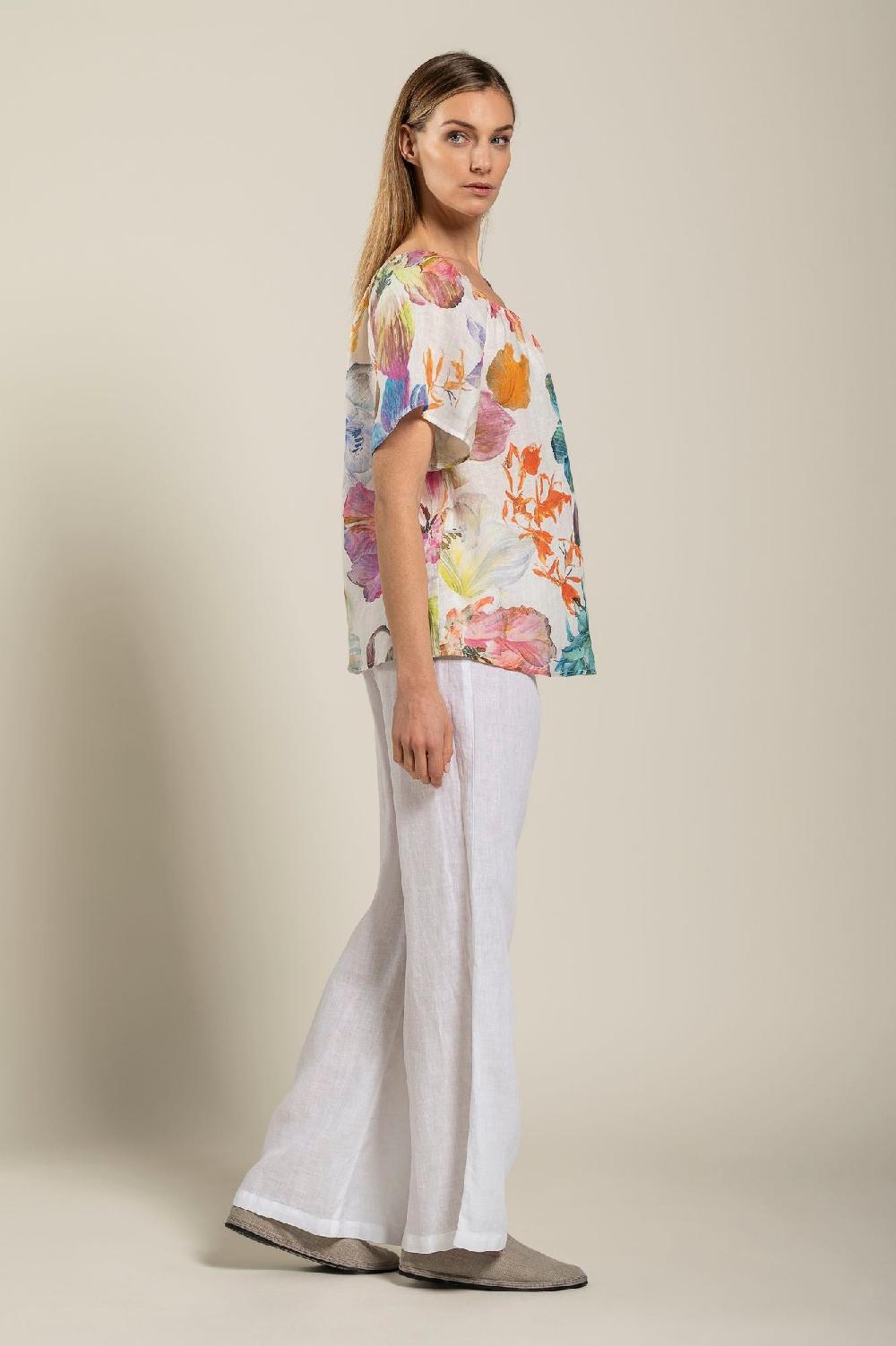 120% Lino Floral Print Women Blouse Nuovo