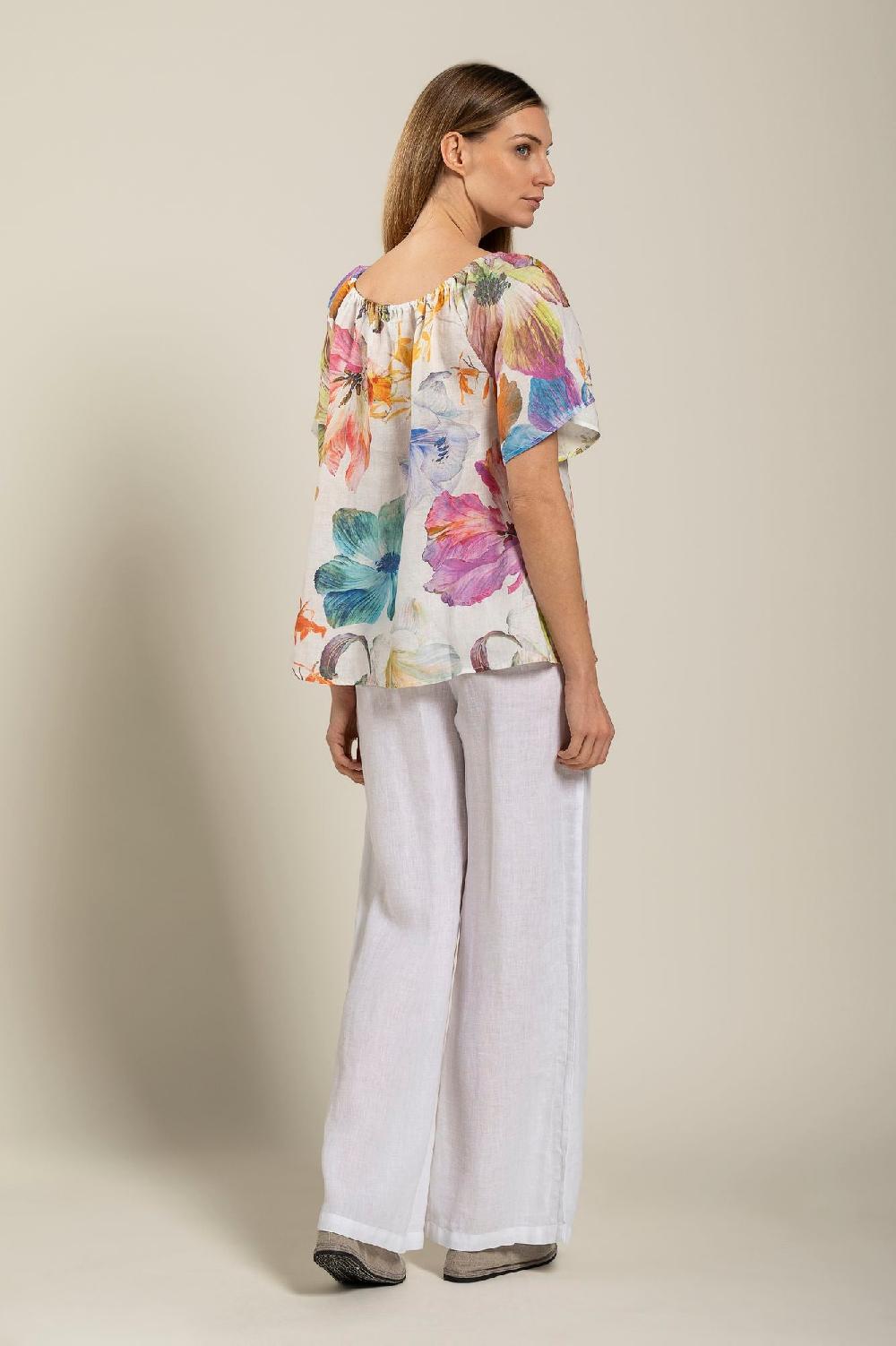 120% Lino Floral Print Women Blouse Nuovo