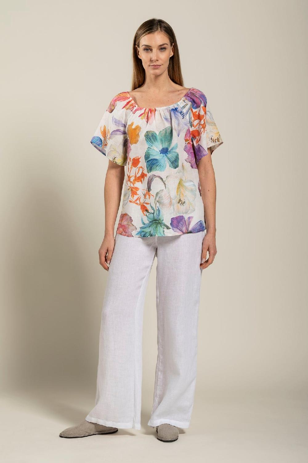 120% Lino Floral Print Women Blouse Nuovo